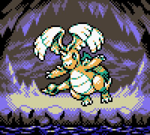 A pixel art scene of Mega Dragonite, a winged dragon pokemon, seen flying. On its head, just beside a single horn, two big feathered wings are slightly coiled inwards. The round crystal on the tip of its tail is full of draconic energy. It is shown in a dark cave environment, possibly the Dragon's Den. Stalactites and Stalagmites shapes emerge from the dark.