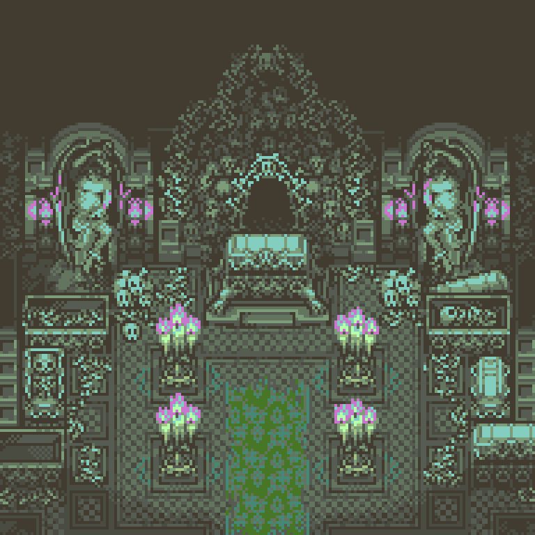A dim-lighted crypt, with giant ominous statues and many scattered bones and tombs around. An archway made of stacked bones surmounts the central room, with a giant and intricate sarcophagus. The stone coffin opens, revealing a shapeshifting substance that transforms into a flying demon, before melting again and closing its lid behind.