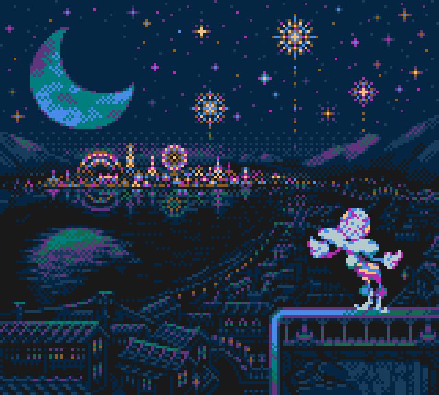 Pixel Art picture featuring the pokemon Blacephalon, standing on a fence atop an old-looking japanese-like coastal town at night. The crescent moon shines bright, its relection shimmering in the bay. A fantastic Luna Park is seen in the distance, right above the water, with its many towers, a ferry wheel also reflected in the calm, dark waters. The starry sky is illuminated by fireworks.