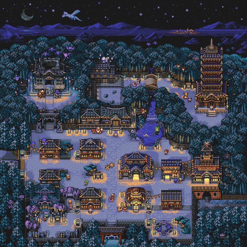 An aerial view of Ecruteak Town at night, from Pokemon Gold and Silver, reimagined. The northern sky is full of stars and a waning crescent moon In the far north, the lights of a mysterious city bedazzle the valley. Lugia can be seen flying to the West.

The city centre is lively and brightly decorated and illuminated by lanterns and strings of lights.
A huge torii gate marks the access of the city to the south, while to the west, connecting to Route 38, is a small gatehouse. To the East the Clock Tower stands tall, with bright lights dotting the forest below and leading to Route 42.
To the North-west, the iconic Burned Tower is encased in the dark bamboo glade, where many lights and will-o-the-wisps create a circle of warm, eerire light around the three legendary beasts guarding the monument. Zubat, Golbat and Crobat can be seen flying around. To the east, atop the central shrine zen garden backyard, a shiny Ninetales observes silently the city. Trainer Kris is exploring the verdant Bell Path, just beyond the wooden arched bridge. Below the bridge, a river flows into a waterfall, leading to the great pond at the temple's base. Here many poliwags are playing in the water, while Politoed sings on the top of a rock. At the end of Bell Path stands the Bell Tower, with its many stories; the trusted monk still guarding its access.
An eerie light envelopes the South-western shrine, located by an old graveyard immersed in wisteria flowers. This also serves as the city gym, where Morty, the gym leader, can be found by the entrance with his ace, Gengar. The Theatre is opened tonight: a bright warmth light welcomes the visitors by the street: a kimono girl dance is to be expected. A brightly illuminated pokemon center can be found just below, with a traditional wooden sign and a huge pokeball on the roof. The pokemon market, to the east of the Theatre, has a counter opened to the street, where the old lady sells medicines and souvenirs.