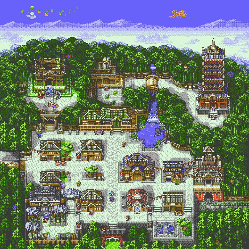 An aerial view of Ecruteak Town at daytime, from Pokemon Gold and Silver, reimagined.
The city is now located on a giant bulwark structure, standing tall above the dense forest around to the south, and a bamboo grove to the north. Over the horizon, many mountains and a clear northern sky can be seen; Jumpluff, hoppip and skiploom are carried by the wind, while the legendary Ho-Oh can be seen flying in the distance. All the houses and structures share a distinctive, traditional japanese wooden architecture with grey rooftiles.
A huge torii gate marks the access of the city to the south, while to the west, connecting to Route 38, is a small gatehouse. To the East a new, tall Clock Tower connects the top of the bulwark to the forest below, leading to Route 42 and Mount Mortar.
The north section of the city features the iconic Burned Tower, encased in a bamboo glade, just above a staircase and an old, mossy wooden torii. Here, in the glade, trainer Gold is facing the three legendary beasts: Suicune, Raikou and Entei. To the east, a huge shrine, with a zen backyard, connects the city to the Bell Path. This verdant route, in the heart of the bamboo grove, features a wooden arched bridge, crossing a little river forms a giant pond. At the end of the path stands the Bell Tower, with its many stories. Eusine can be found here, as the entrance is blocked by a monk.
Back to the city centre, many traditional houses and trainers like the kimono girls with their evolved eevees can be found, as well as little gardens with pine trees. To the South-west a shrine by an old graveyard immersed in wisteria flowers marks the City Gym: Morty, the gym leader, can be found there with his ace, Gengar. The Eastern half of the city features the Theatre, with banners featuring Jolteon, Flareon, Vaporeon, Umbreon and Espeon. A pokemon center can be found here, with a traditional wooden sign and a huge pokeball on the roof, then the pokemon market, decorated with strings of hanging lanterns.