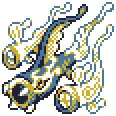 A gameboy color styled sprite of Mega Eelektross from Pokemon Legends Z-A. Mega Eelektross is seen hovering in his typical pose, with the two fake eelektrik to its side.