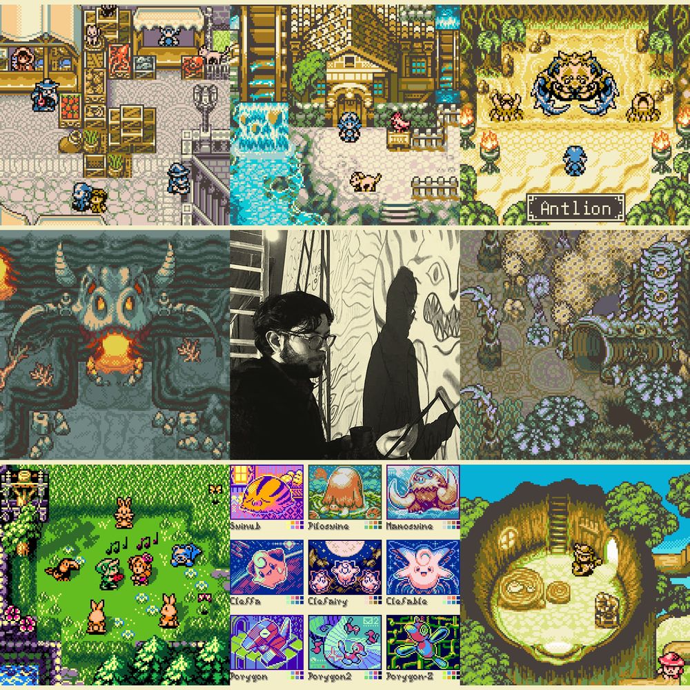 A 3x3 collage of pixel arts from the past year. In the middle a slightly old picture of the artist, painting a cartoonish tiger on a wall. From top left to bottom right, all around the author's picture, several pixel art scenes as follows:
1. A lively market square, with many product on display in crates and on the various stalls
2. An old water mill structure, with its big waterwheel activated by the creek flowing below.
3. An Antlion sand trap arena, immersed inside a verdant cave. The big insect, with spiky claws, is half buried in the sand, and waits the hero.
4. A giant dinosaur skull marks the entrance to the volcano, surrounded by black molten rock, burnt trees and bones.
5. A forest of giant mold and strange plants, where the empty husk of a giant arthropod creates a tunnel.
6. The meadow from The Legend of Zelda: Link's Awakening's Animal Village. Marin is singing and Link is playing the Ocarina, while the other animals are listening.
7. A collage of little pixel frames depicting different pokemon: Swinub, chilling at home, Piloswine, relaxing in the hot springs, and Mamoswine, facing a harsh snow storm; Cleffa, levitating in space, Clefairy, dancing in the Mt. Moon crater under the Moon, Clefable, facing up, as the starry sky is reflected in the puddle below; Porygon in the cyberspace, floating above an infinite ladder, many Porygon2, running endlessly around a Möbius strip, Porygon-Z, flying around the notorious Windows98 pipe screensaver
8. A house carved on a treetop. A ranger playing guitar is sitting there, near a phonograph. On the outside, a clear blue sky and many tufts of foliage. A mushroom creature can be spotted walking on the tree branches.