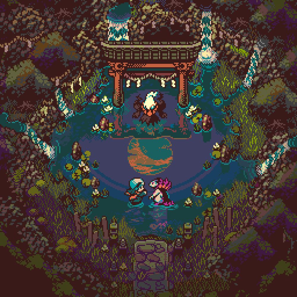 A top-down pixel art scene reimagining of Newmoon Island from Pokemon Diamond, Pearl and Platinum.

A dark forest grows on steep, rocky cliffs; from below the trees, many creeks flow and merge in a swampy pond through small waterfalls.
The calm water surface reflects an ominous Red Moon.
Right above the moon's reflection, an ancient Red Torii gate stands tall amidst lotuses and lilypads. Darkrai stands there, waiting, floating right above the water, as Akari and her trusted hisuian Typlosion companion prepare to battle.