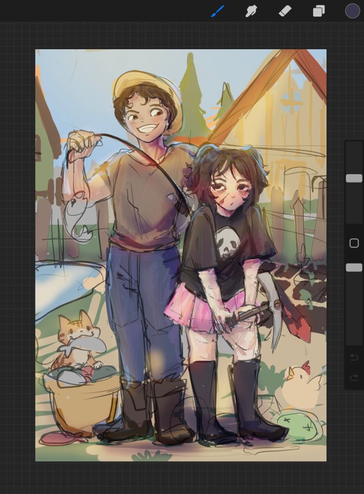 a digital painting of me and my boyfriend's stardew valley characters in front of our farm. My character covered in dirt and blood with a pickaxe from mining, and his proudly looking at mine with all his fish 