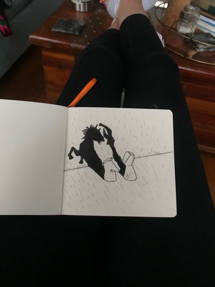 ink drawing of two hand carved chess pieces sit calmly while their shadows battle 