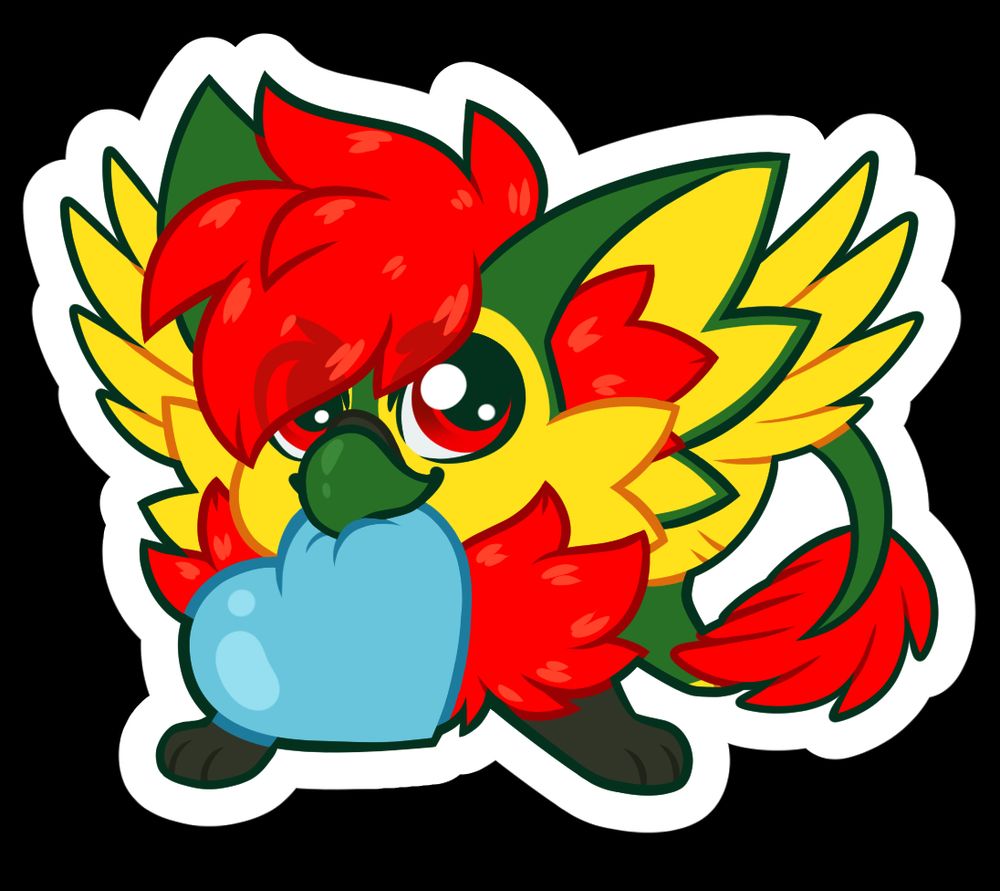 Artwork of Rukey the gryphon on four legs holding a light blue heart in his mouth with a mischievous expression with a green, yellow and red colour scheme.