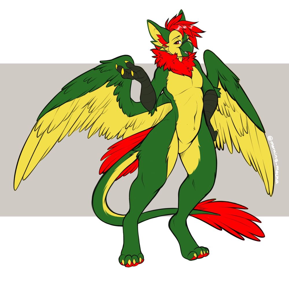 Artwork of Rukey the gryphon stand and holding a hand out with a happy expression. There’s a green, yellow and red colour scheme with a white background.