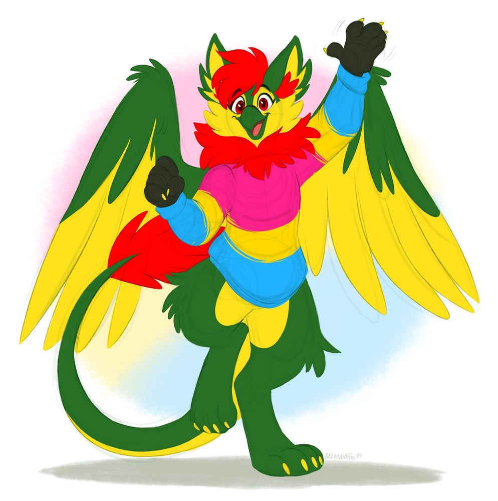 Artwork of Rukey the gryphon standing with a raised hand waving with a happy expression while wearing a sweater with the pansexual flag colours (magenta, yellow and cyan) with a green, yellow and red colour scheme with a white background.