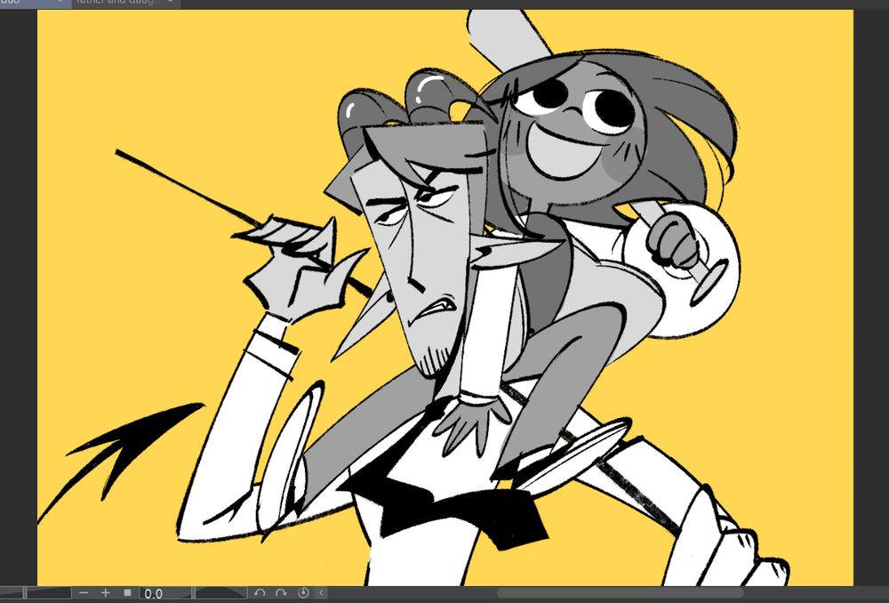 wip digital sketch of my demon oc claude and his adopted human daughter eden. both are posing with their weapons: claude with his scythe (blade not seen) and eden sitting on his shoulders with her baseball bat.