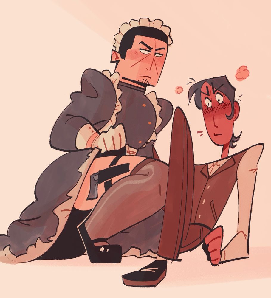 digital sketch of tsukishima kneeling between koito’s legs. he shows off one of his legs as he lifts his skirt, revealing a sheer thigh high stocking and a thigh holster. tsukishima’s looking in another direction cautiously as he’s about to pull his gun while koito is blushing furiously, focused directly on tsukishima’s leg.