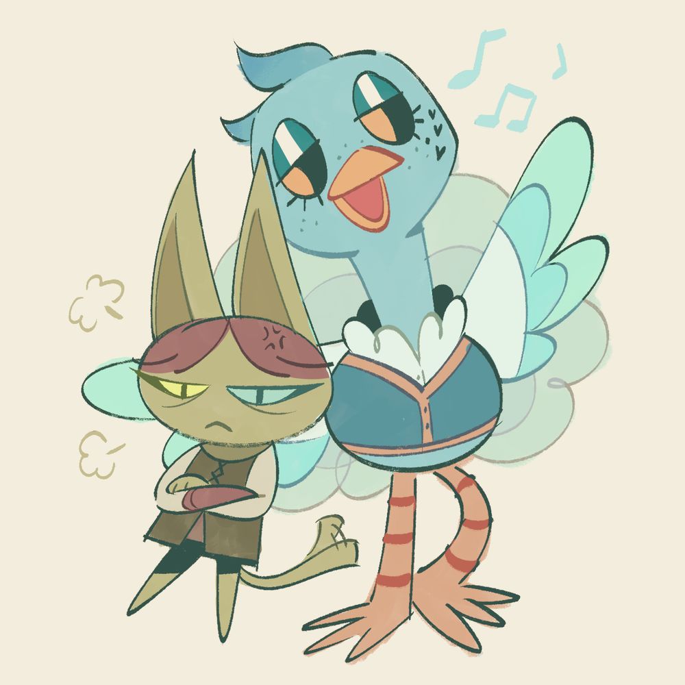 digital colored sketch of me and my friend’s bg3 characters as animal crossing villagers. on the left is my friend’s tav, a green cat rogue, who’s looking grumpy. on the right is my tav (ves), a blue ostrich bard, singing as his wings are outstretched. 