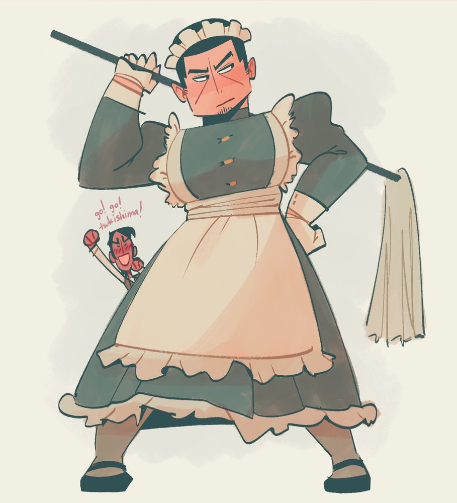 digital sketch of tsukishima wearing a classic maid’s dress. he’s holding a mop with one hand over his shoulders while koito cheers, “go! go! tsukishima!” from behind.