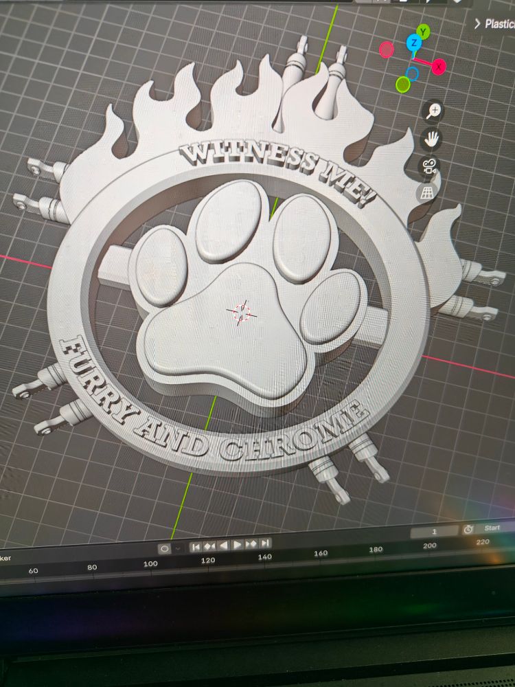 A screenshot of a parody of the War Boys logo modeled in Blender, with the words Witness Me! furry and Chrome embossed on the ring