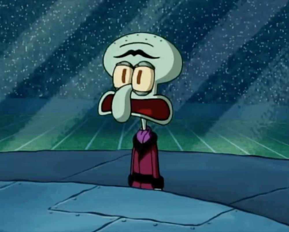 a cartoon of squidward from spongebob squarepants standing on a sidewalk with his mouth open