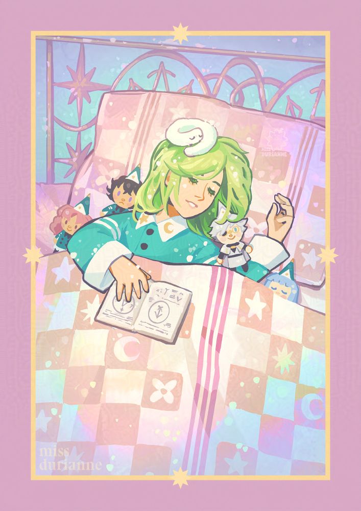 coco from witch hat atelier with dolls of her friends agott, tetia, qifrey, and riche as well as brushbug. she seems to have fallen asleep while studying