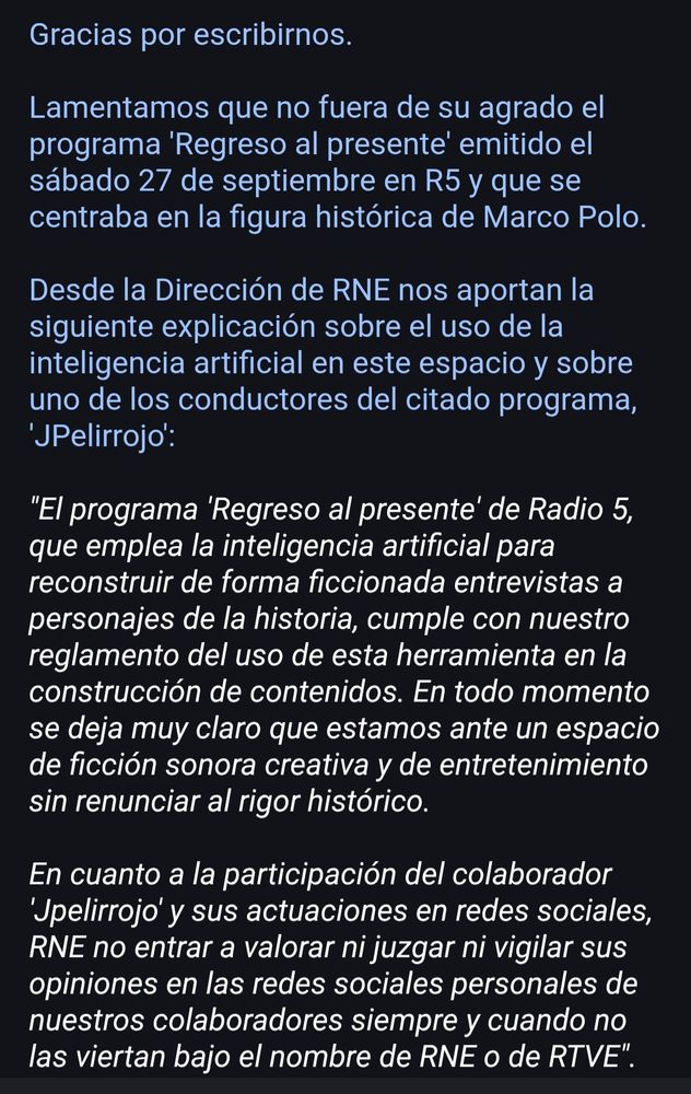 RNE defiende el uso de la Inteligencia Artificial en su programa Regreso al presente y le da igual que JPelirrojo sea un estafador mientras no difame RNE o RTVE. 