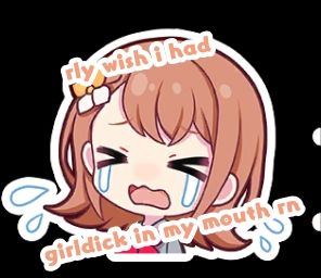a brown haired chibo anime girl is crying. text above and below her reads: rly wish i had girldick in my mouth rn