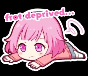 a pink haired chibi anime girl lying on her stomach looking dejected. text above her head reads: frot deprived