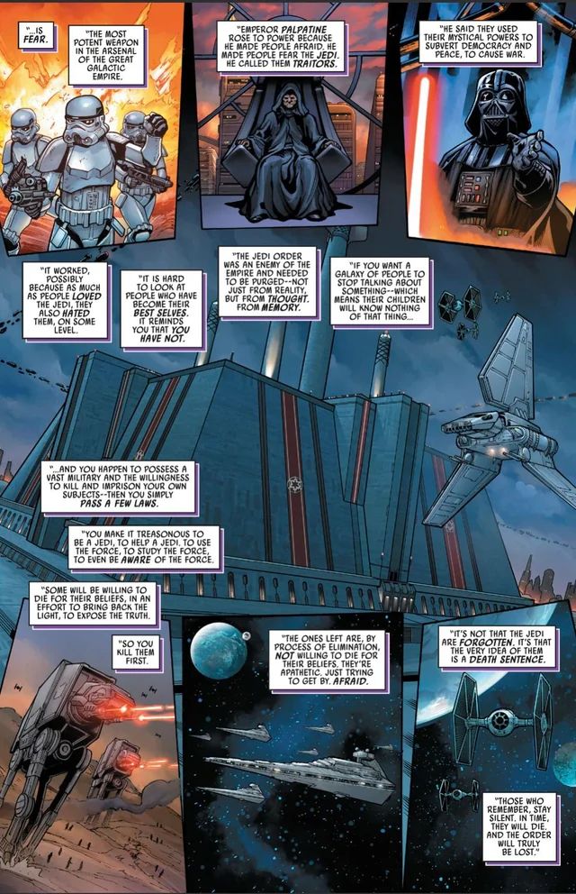 A page of art from Crimson Reign #3, written by Charles Soule with art by Steven Cummings, explaining how the Jedi Order was forgotten in just eighteen years.