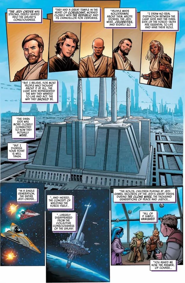A page of art from Crimson Reign #3, written by Charles Soule with art by Steven Cummings, explaining how the Jedi Order was forgotten in just eighteen years.