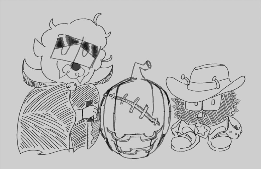 A rough sketch of two characters side by side with a pumpkin in between them. The left most character 