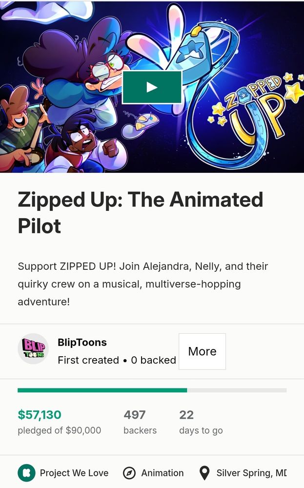 Zipped Up's Kickstarter page. The project has raised $57,130 from 497 backers with 22 days remaining. 