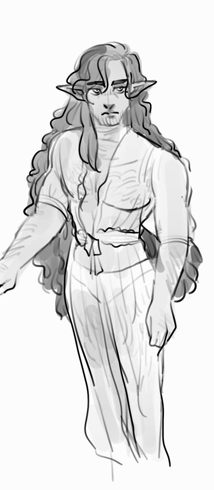 A dark skinned man stands in a sheer chemise with only panties beneath. He is hairy and has long, wavy hair. He's looking off in the distance.
