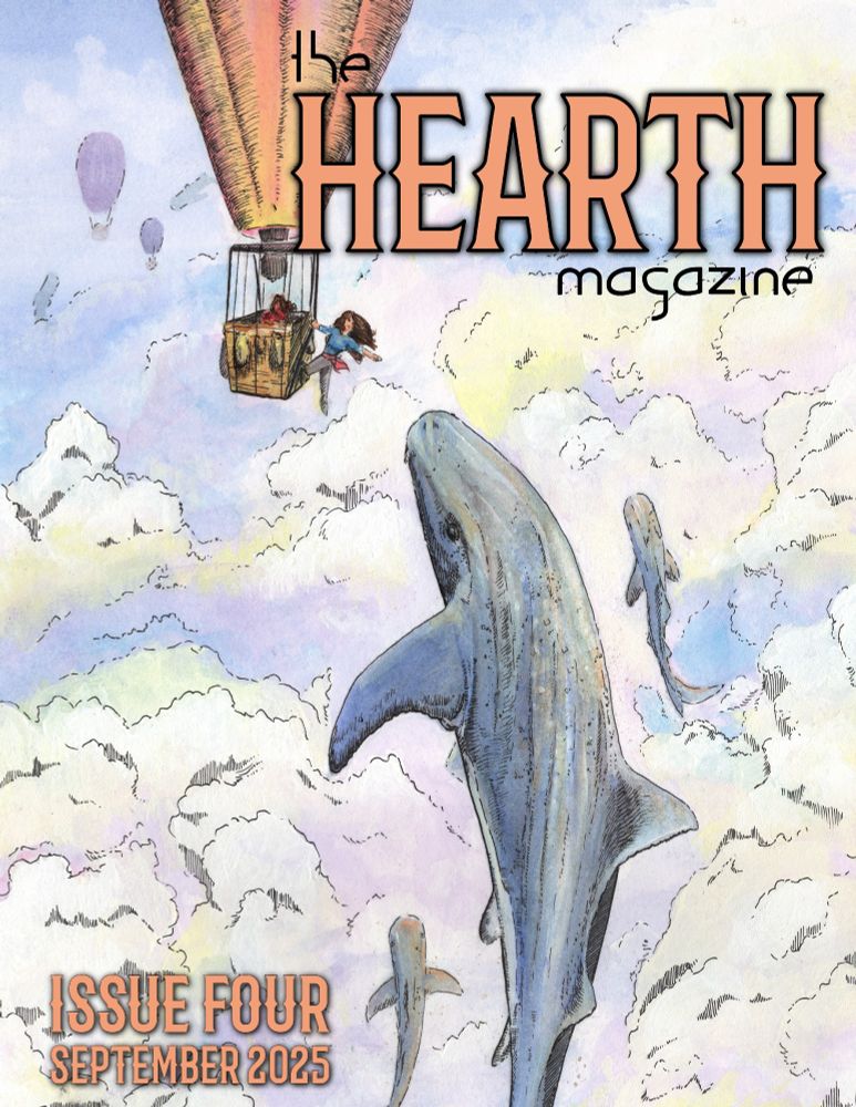 Cover for The Hearth Magazine, Issue 4, September 2025. Art: Watercolour-style digital image depicting a curious, grey sky whale shark flies through the clouds with her young, towards an explorer in a hot air balloon.