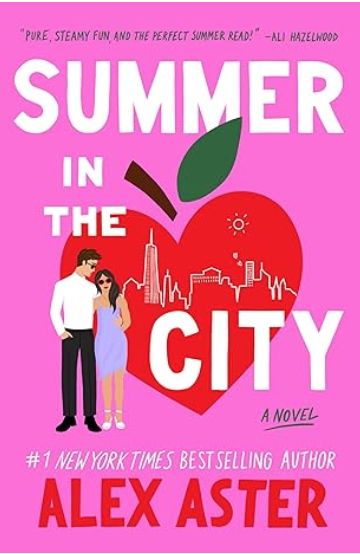 book cover for summer in the city : a straight couple wearing sunglasses in front of heart shaped apple which has the silhouette of new york inside it. the backdrop is pink.