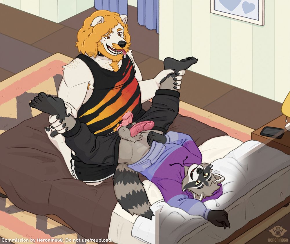 [Colored Sketch for @subwoofer1890.bsky.social]

NSFW colored sketch of Subwoofer's fursona and his boyfriend in bed.
His boyfriend is lying down, lifting his sweatshirt, while Subwoofer, on his knees, lifts his legs, bringing their crotches together. Both are still dressed but with their dicks out. They both look happy.

The bed is in a room with dark wooden floors and pastel green walls. Under the bed is a yellow rug with a red and dark brown pattern.
Next to the bed there is a nightstand with a lamp and a mobile phone on it.