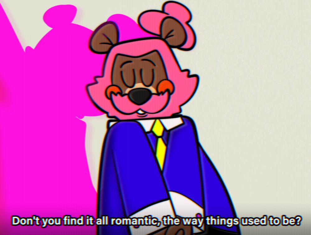 Colored sketch of my fursona, Ronin, recreating an scene of the song Static ft. Hatsune Miku by ‪@flavorfoley.bsky.social‬
Ronin has a retro look inspired in Hanna Barbera style and Hatsune Miku's design from the song.

Text: Don't you find it all romantic, the way things used to be?