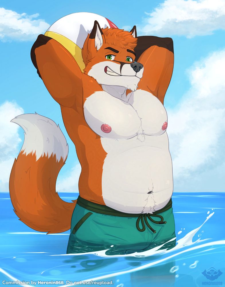 [YCH Commission for ‪@del.vulpine.dad]
Drawing of Del's fox in the middle of the water, raising a beach ball behind him, ready to throw it.
He's wearing a turquoise swimming trunks. He's smiling at the viewer.