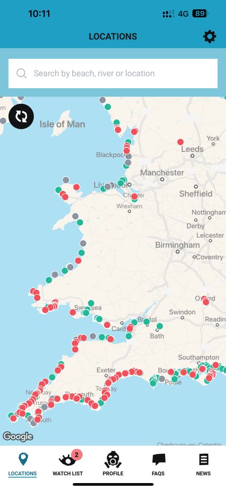 Map of western part of UK from the surfers against sewage App with most beaches showing red dots = sewage alarm