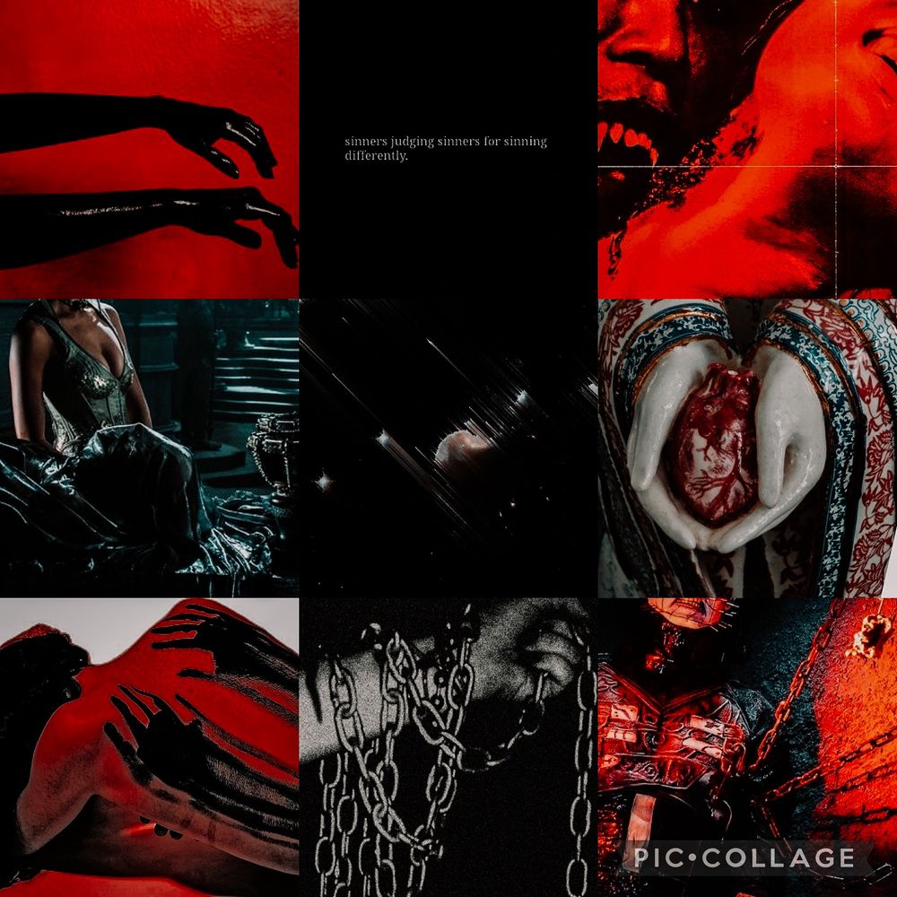 a moodboard of chain links, pin head from hellraiser, hand painted on a. back, moons, stars, a ceramic heart, black gloves, fangs biting a neck 