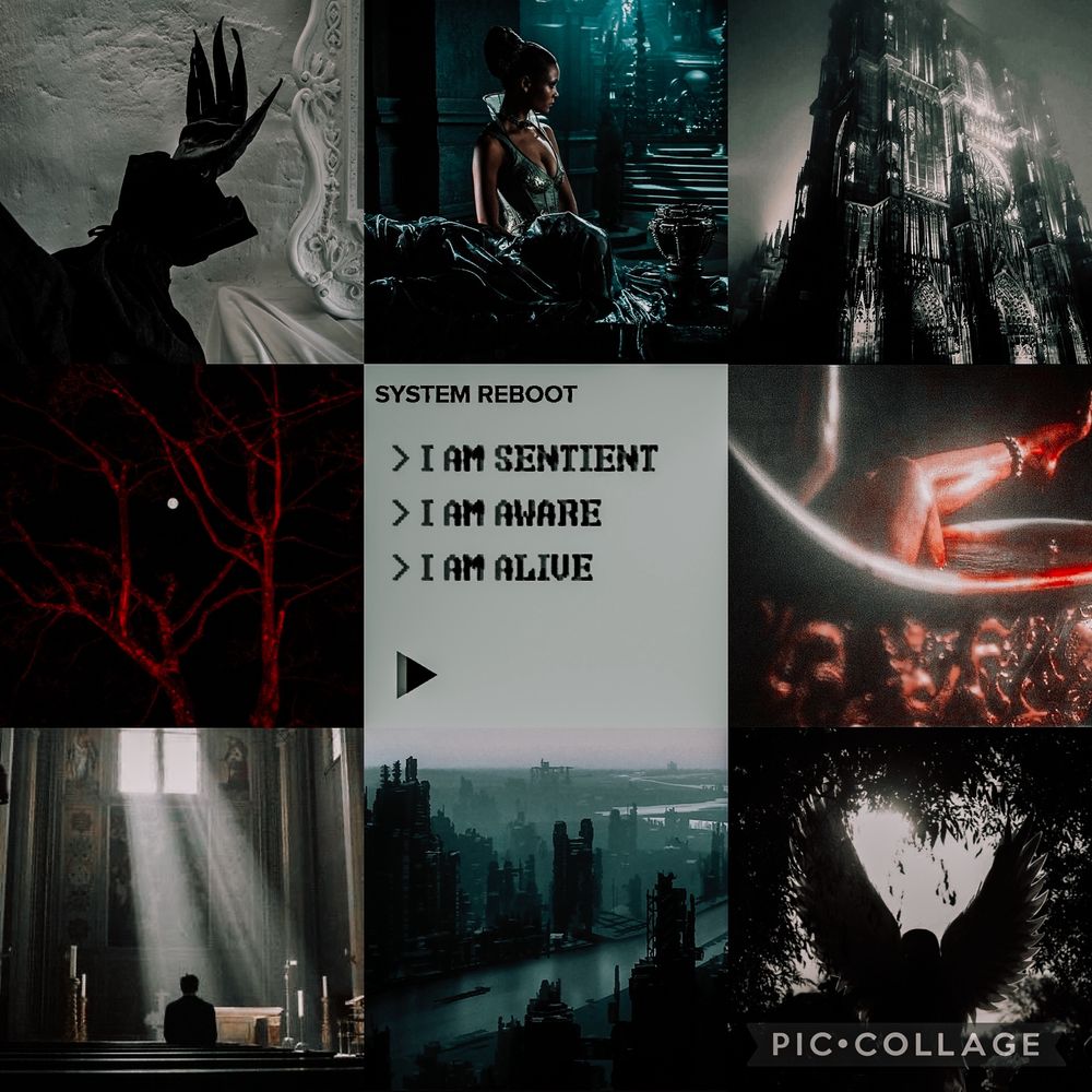 a moodboard collage of a dark city, angel wings silhouette, red trees, a man in a church, industrial buildings, a woman standing over a corpse, black claw hands, a lady in a tub full of a red liquid