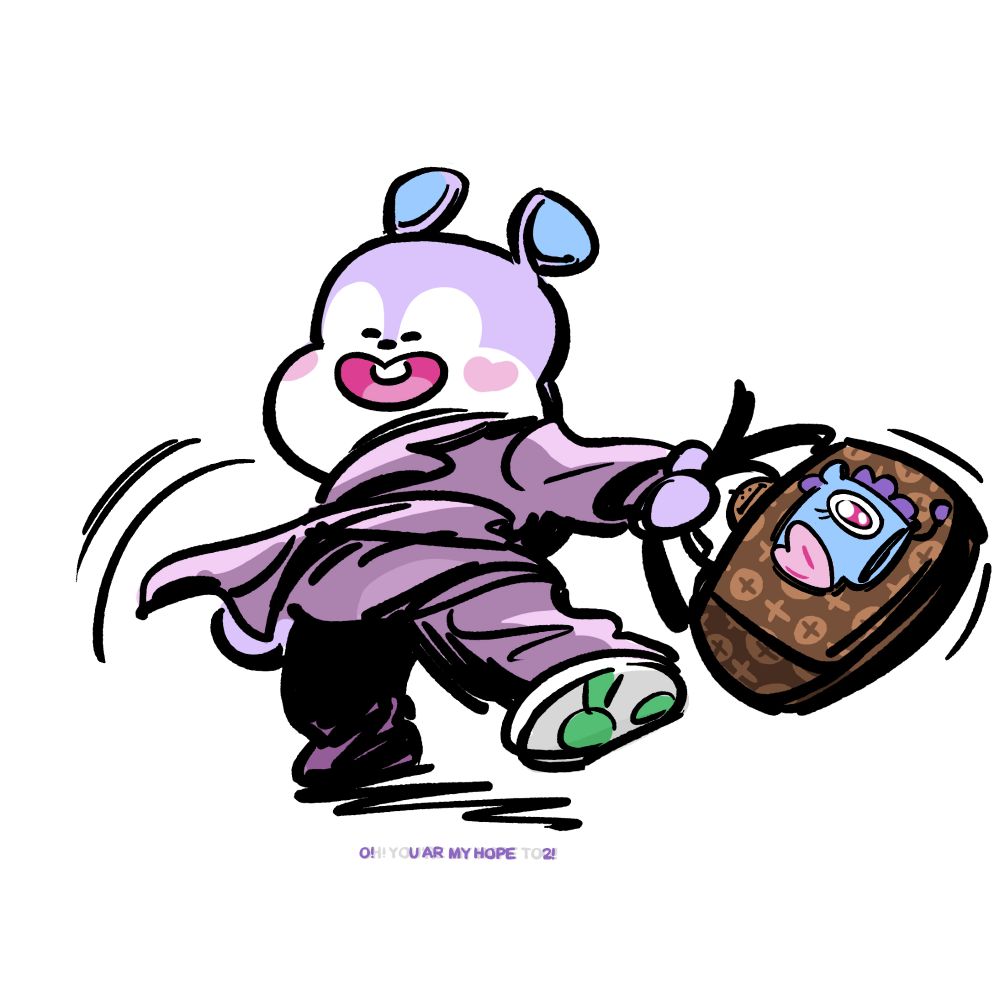 Fanart of Mang from BT21. They are smiling and twirling around holding a handbag for a photoshoot. Mang doesn't wear the mask but the horse is screenprinted onto the bag to retain the character's brand identity. Shooky from BT21 is peeping out of the top of the bag. 
Fanart is signed along the bottom. 