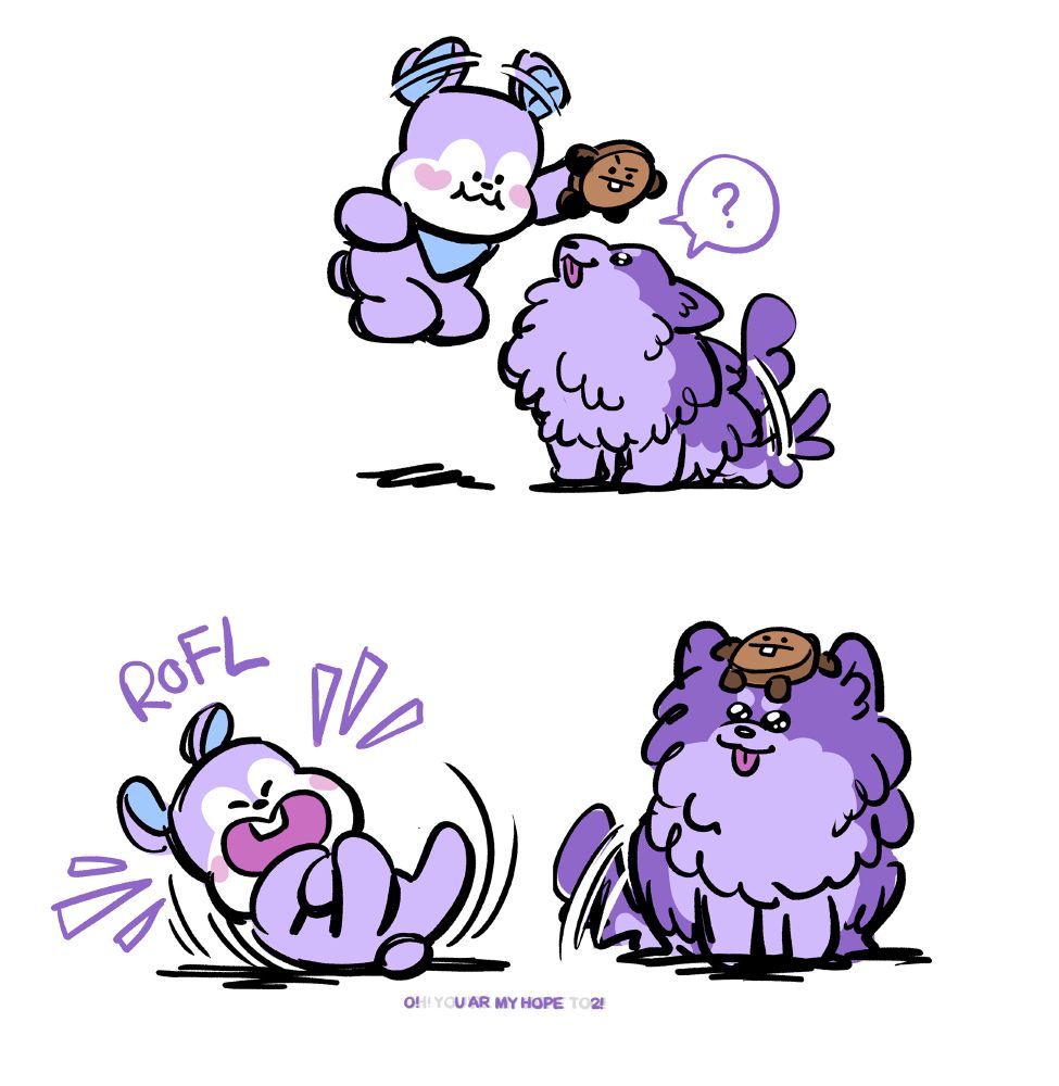 Image description
2 panel comic 
Panel 1: Inside Mang is flapping their ears and holding shooky above yeontan's head. They both look confused. 
Panel 2: Mang is rolling on the floor laughing while shooky sits patiently on Yeontan's forehead. 