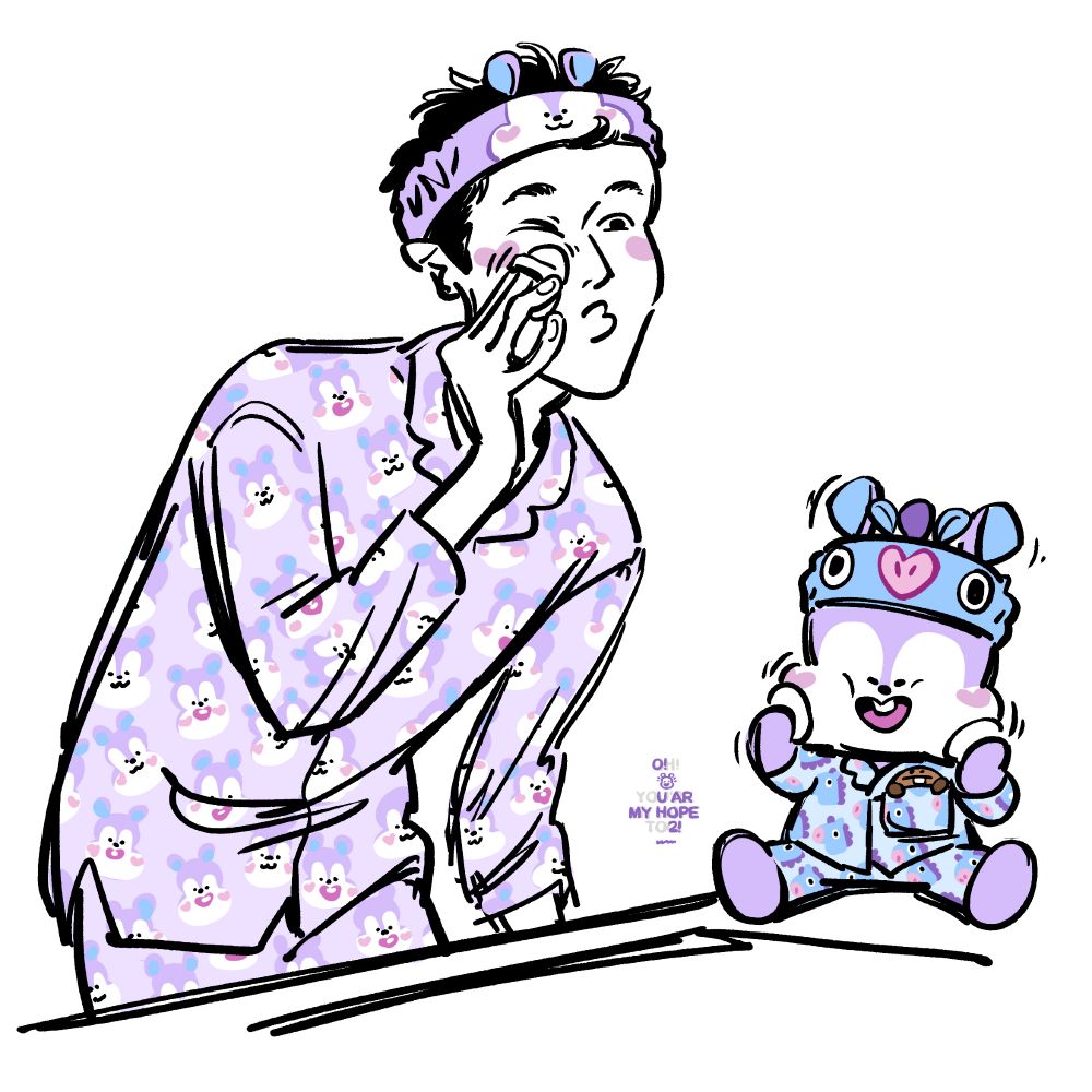 Fanart of Hobi and Mang wearing matching pyjamas & headbands and washing their faces. Shooky is peering out the pocket of Mang's shirt. 