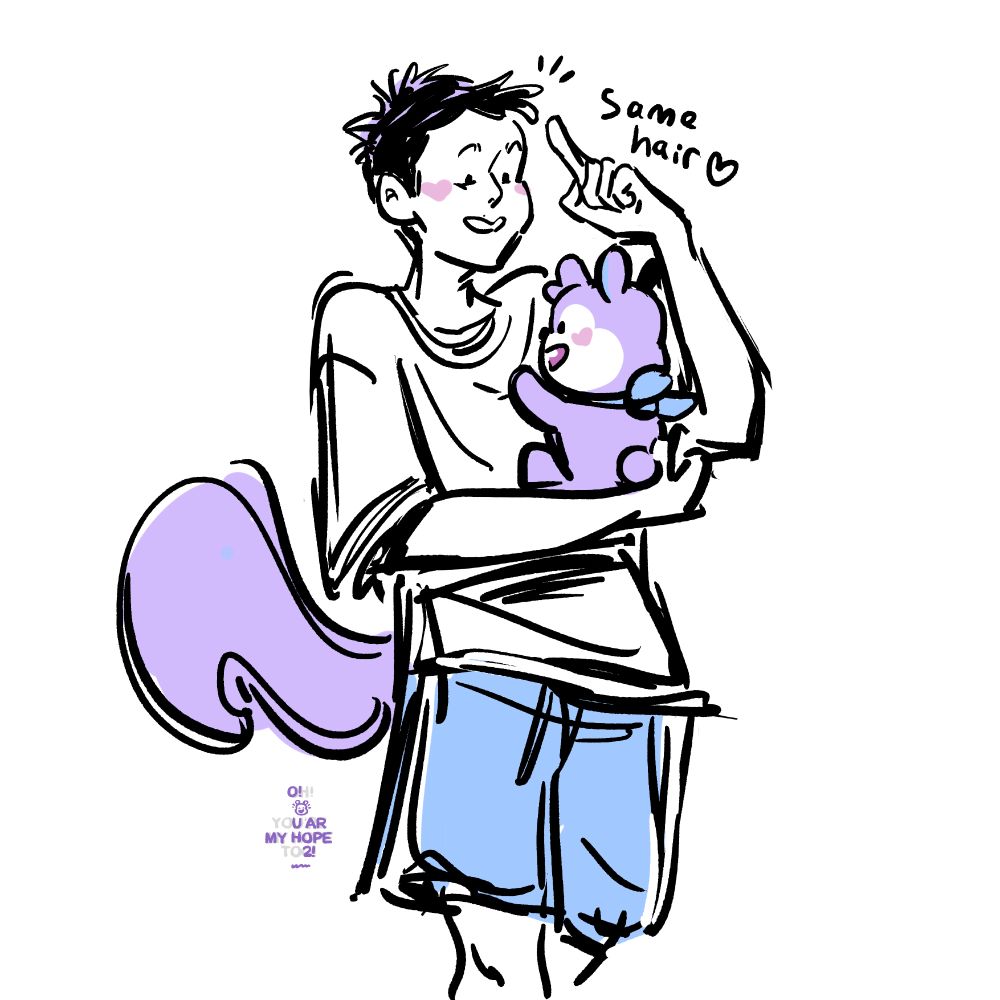 Fanart of j-hope from bts with short hair. He holds baby mang in his arms and says 'same hair' pointing at a short hairstyle with a quiff. 