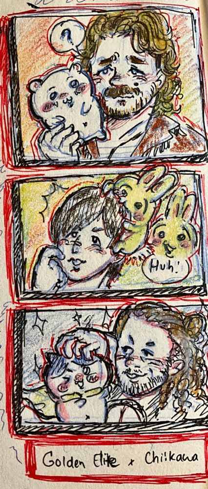 Top to bottom: Hangman Adam Page and Chiikawa, Kota Ibushi with Usagi, and Kenny Omega and Hachiware.