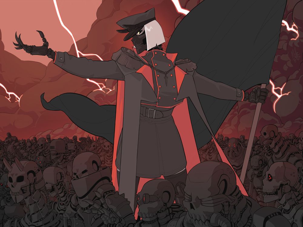 Digital illustration of a menacing cyborg general holding a black flag with her arm outstretched as a skeletal cyborg army swarms around her, with giant stormclous in the background.