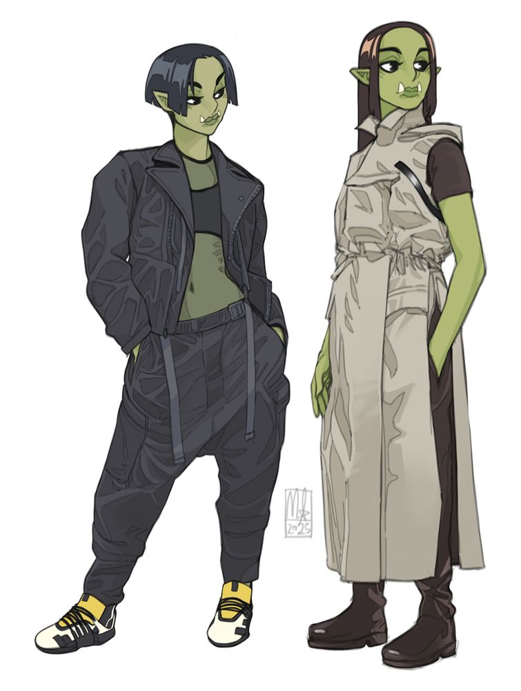 Digital illustration of two orc women with tusks and green skin. The one on the left has straight ear-length black hair and is wearing an open black jacket and black cuffed cargo pants with yellow and white sneakers. Under the jacket she is wearing black sports bra beneath a sheer translucent top. She has both her hands in her pockets. The one on the right has long straight dark red-brown hair and is wearing a long sleeveless coat over a dark brown t-shirt and pants with dark brown boots. She has one hand in her pocket and the other at her side.