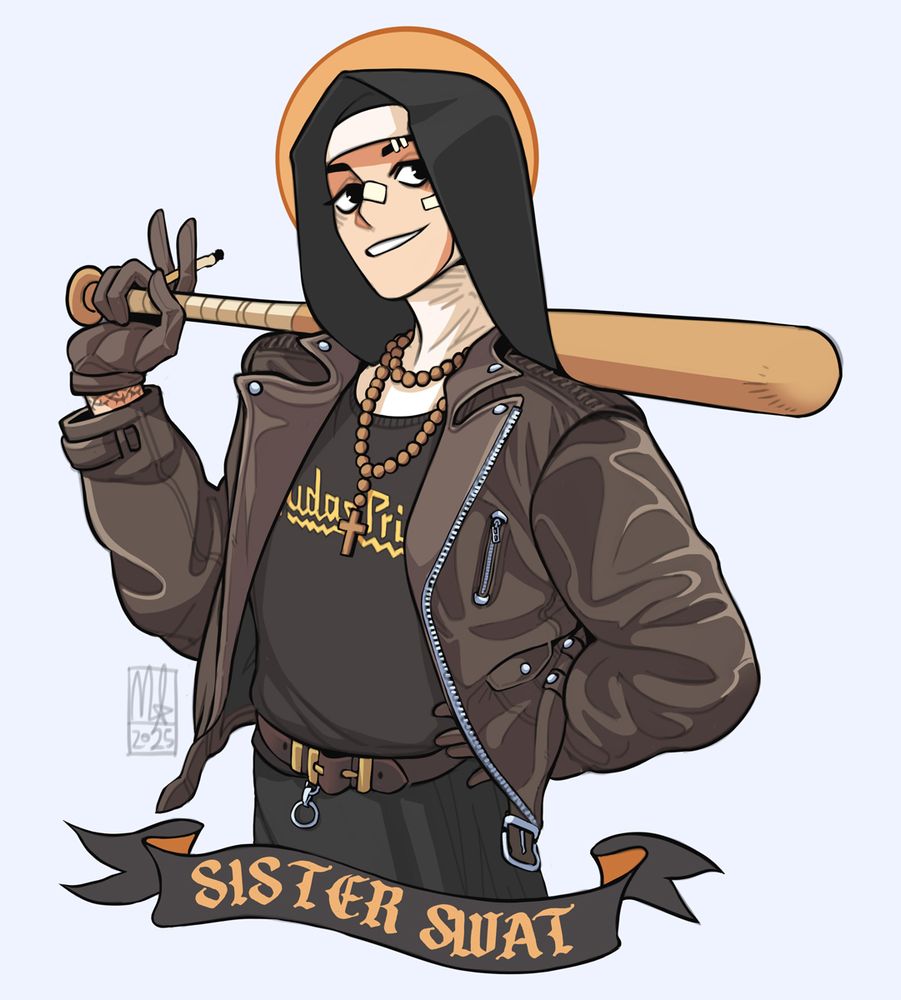 Digital illustration of a woman wearing a catholic nun coif and veil, a leather jacket, black gloves, black skirt, and a black t-shirt with the words Judas Priest in yellow lettering. She has small bandages across the bridge of her nose, eyebrow and one cheek. She is resting a baseball bat on her shoulder with a cigarette held between two fingers. There is a rosary around her neck. At the bottom of the image is a ribbon with the words "Sister Swat".
