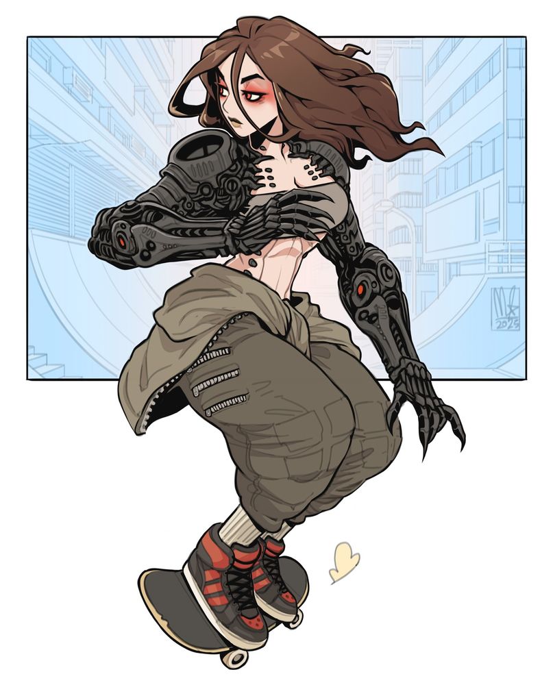 Glory from Shadowrun Dragonfall (a waifish brunette girl with large menacing cybernetic arms ending in clawed hands) casually rides a skateboard.