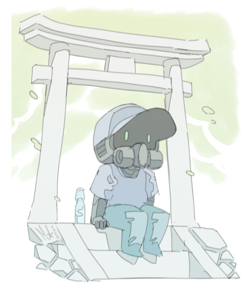 A chibi cyborg character wearing a baseball cap, t-shirt and jeans sits on some stairs in front of a stone torii next to a bottle of ramune. There are trees in the background and leaves blowing in the wind.