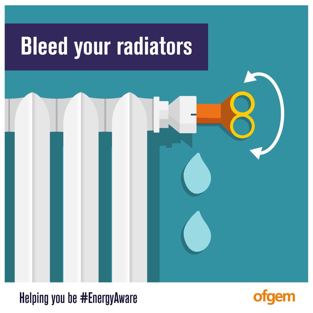 Visual of a radiator and a valve key with arrows indicating rotation, water droplets symbolizing air release during radiator bleeding.