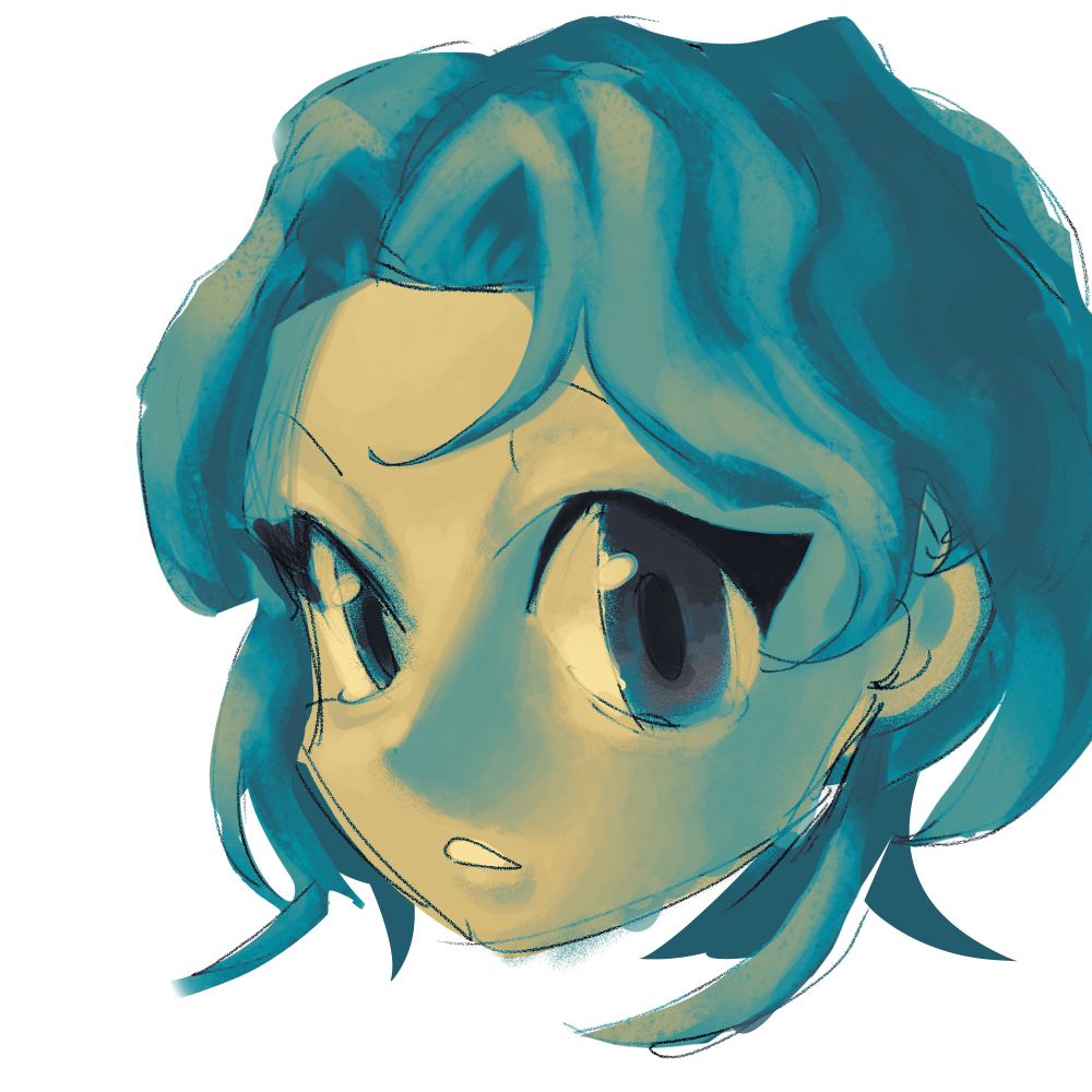 the head of a girl with blue hair slightly longer than chin length, large, desaturated purple eyes, and light skin. i did not draw her neck sadly. the entire image is tainted blue.