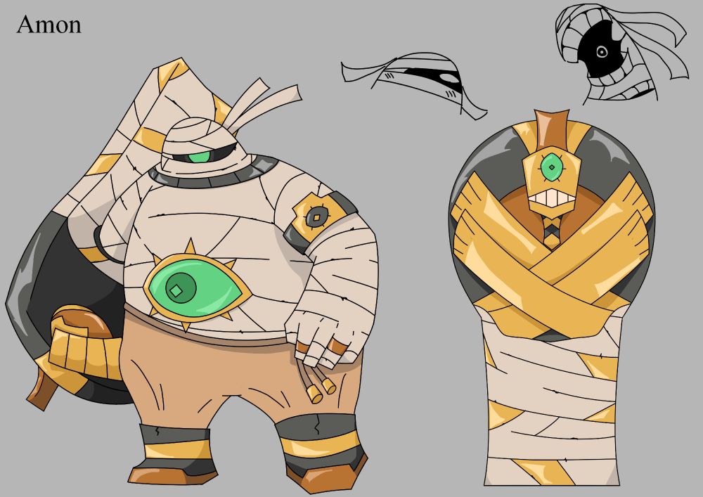Uma ilustração de Amon, uma múmia larga que luta com uma manopla que inclui o próprio sarcófago; em sua barriga há um olho esmeralda, e ele utiliza diversos acessorios dourados com detalhes em preto. Seu sarcófago segue essa estetica, com sua face tendo um olho esmeralda. Acima do sarcófago, há duas expressões do personagem: A da esquerda está corando, e a da direita está se distorcendo em fúria.