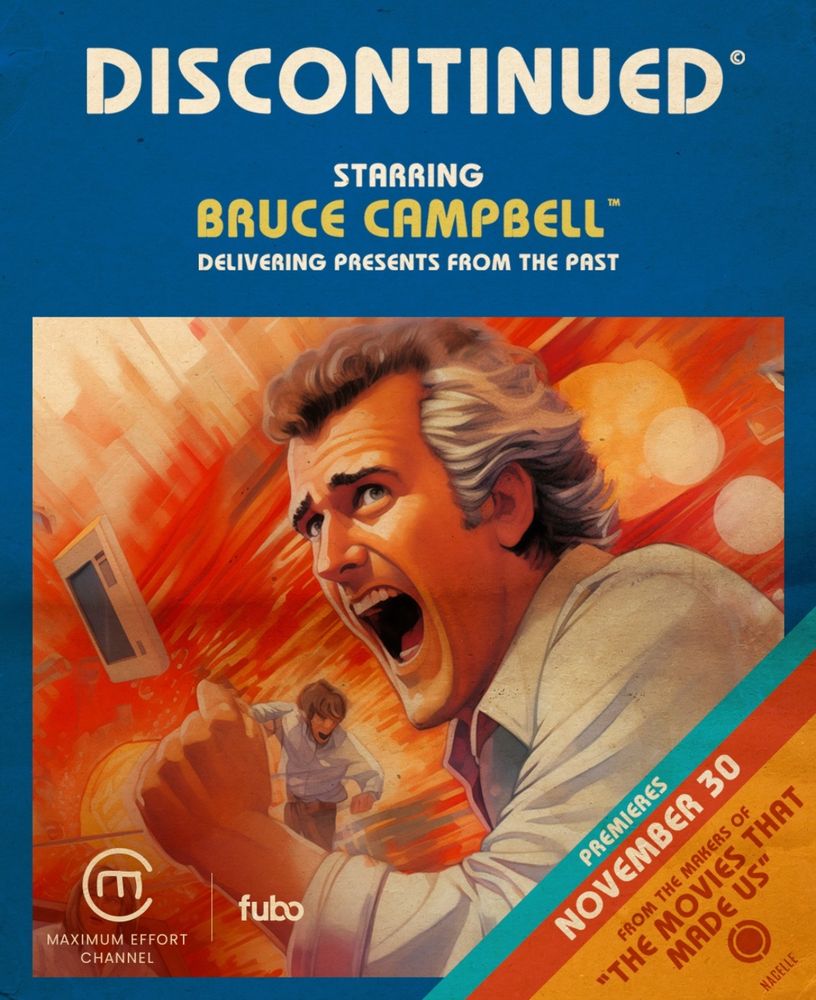Promotional image, designed as an Atari game box cover, for the documentary series Discontinued starring Bruce Campbell.